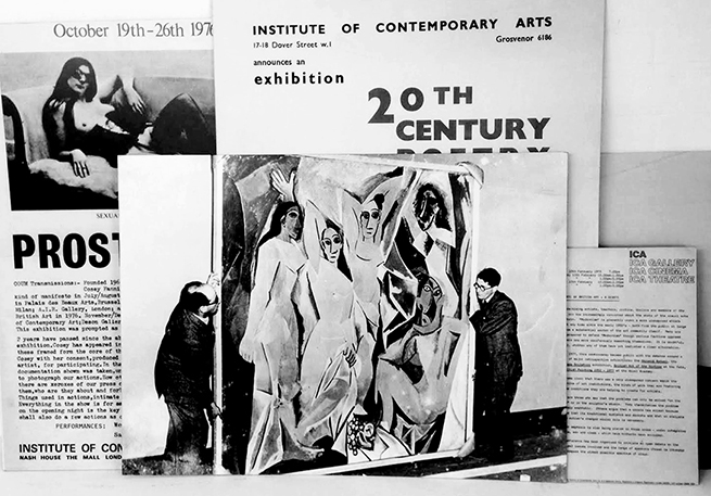 Posters and images from the ICA studio. Roland Penrose can be spotted to the right of Picasso's Les Demoiselles d'Avignon. Image by Melanie Coles