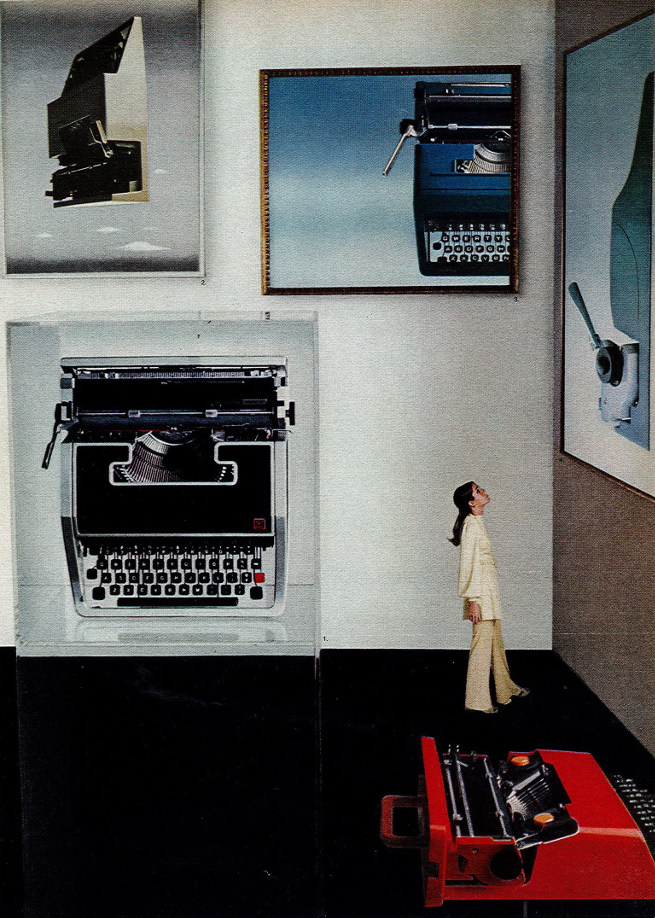 Advertisement for Olivetti typewriters including Valentine, designed by American photographer and graphic designer Henry Wolf (1969)