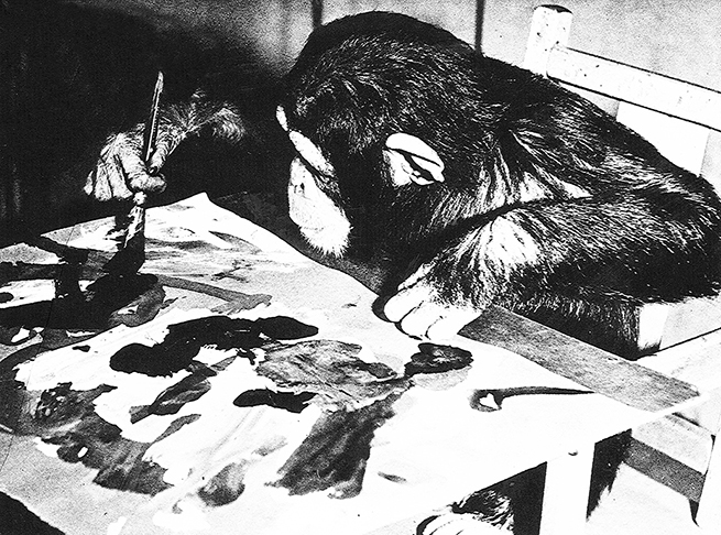 The main focus of Morris' study, Congo the Chimpanzee painting in his studio. Image courtesy of Desmond Morris.