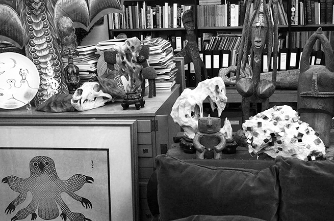 A corner of Desmond Morris's studio. His work as a scientist, authour and television presenter has lead him to study humans and animals across the world. Image by Melanie Coles