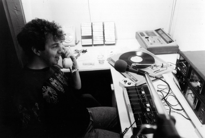 Gordon Mac in the studio at Kiss 94FM, c. 1986, image courtesy Gordon Mac.